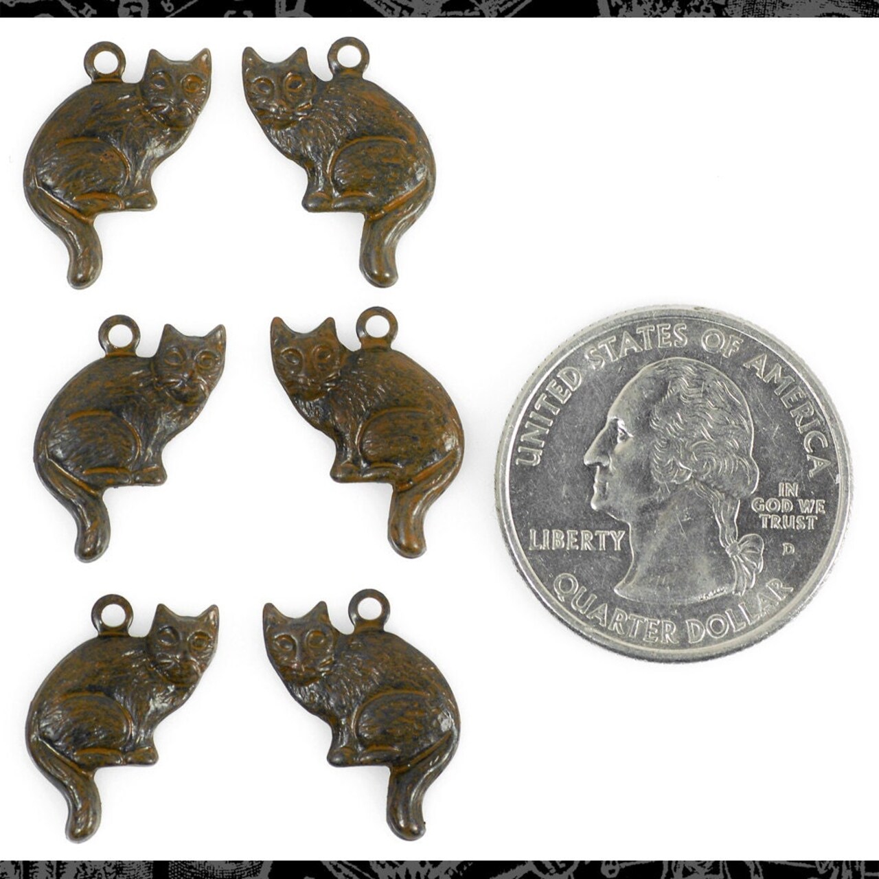 Chocolate Brown Plated Brass Sitting Cat Charms - Three Sets of Two Facing Each Other - RB-C60